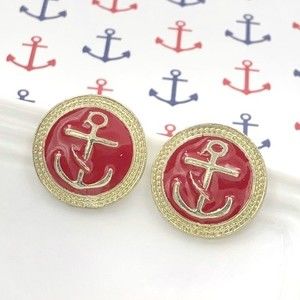 🍀 Red Anchor Round Gold Stud Earrings